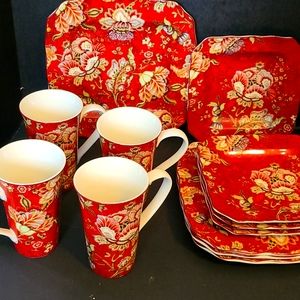 222 Fifth Summer Botanical Lutece FLEUR ROUGE Set of 4